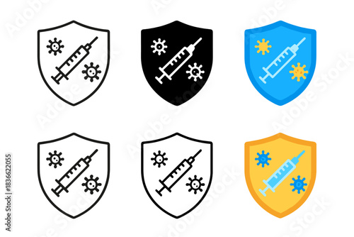 Vaccine Protection Emblem. Shield emblem with syringe crossing diagonally, virus molecules at edges, first in line style with thin