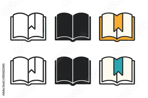 Colorful Arrow Ribbons. Bookmark ribbon shaped like arrow pointing downward on open page, geometric symmetry, first in line style