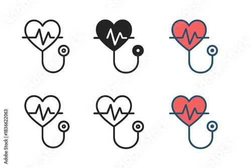 Heart to Stethoscope Icon. Heart emitting rhythmic waves connecting to stethoscope cable, clean medical icon, first in line style
