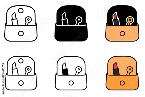 Purse Essentials Art Styles. Open purse revealing lipstick and key inside, minimal interior detail, first in line style with thin