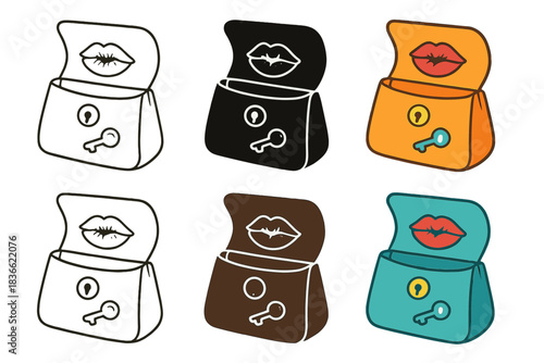 Stylish Purse Elements. Purse with open flap revealing lipstick imprint and metallic key reflection, smooth contours, first in