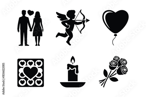 Romantic valentine s day icons silhouette collection