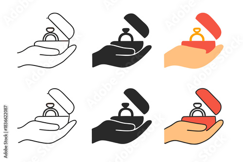 Ring Box Illustrations. Two hands holding small box with ring inside, symbol of promise and care, first in line style with thin