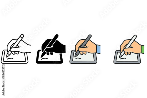 Stylus Tablet Variations. Hand holding stylus writing on digital tablet screen, first in line style with thin outline, second in