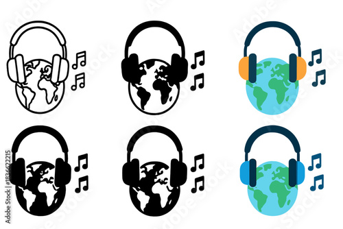 Musical Journey Map. Headphones resting on a world map with melodies, first in line style with thin outline, second in solid style