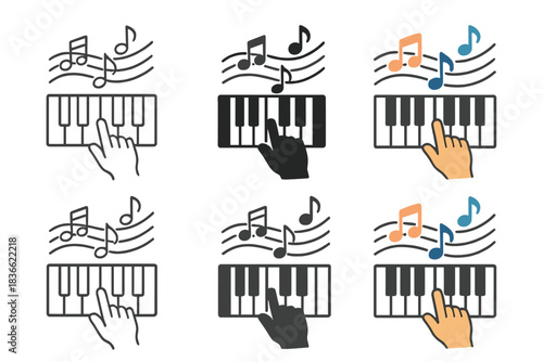 Melodic Keyboard Art. Keyboard with hand pressing notes and animated melody lines, first in line style with thin outline, second