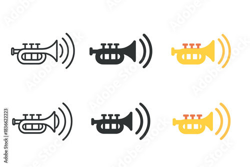 Colorful Trumpet Icons. Trumpet icon with sound arcs radiating outward, first in line style with thin outline, second in solid