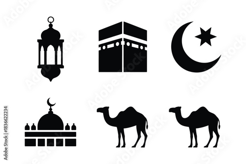 Islamic symbols and icons collection featuring kaaba mosque lantern and camels