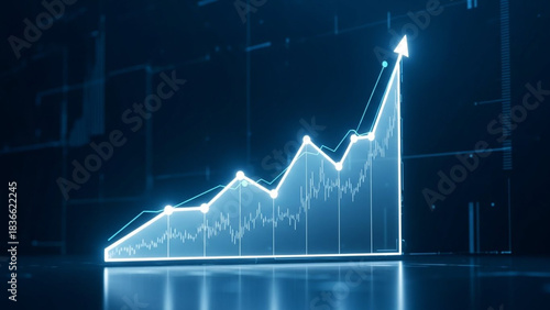 Glowing blue financial graph with upward arrow on dark background chart business