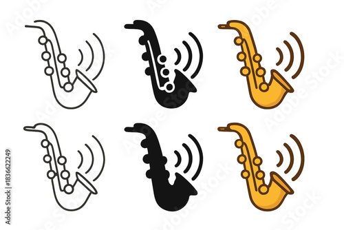 Saxophone Styles Showcase. Close-up of saxophone keys and golden body with sound waves, first in line style with thin outline,