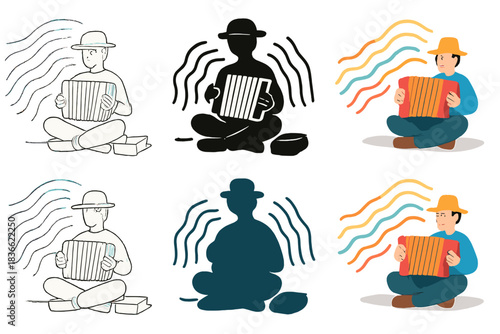 Accordion Sound Waves. Street musician playing accordion with colorful sound waves, first in line style with thin outline, second