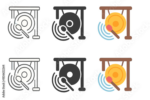 Gong Icon Variations. Gong and mallet icon with concentric vibration circles, first in line style with thin outline, second in