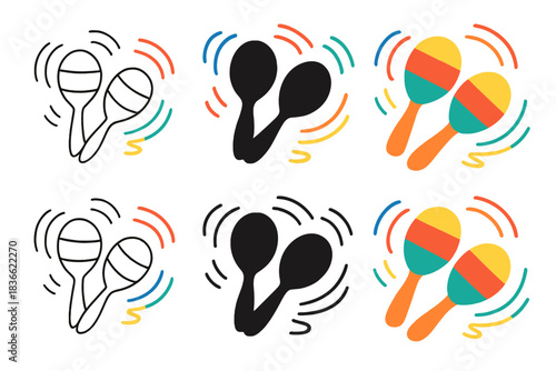 Dynamic Maracas Motion. Shaking maracas with colorful motion streaks and rhythm arcs, first in line style with thin outline,