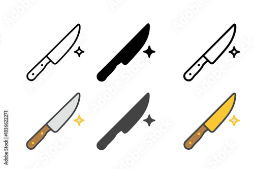 Stylized Knife Icons. Kitchen knife icon with handle and glint on blade, first in line style with thin outline, second in solid