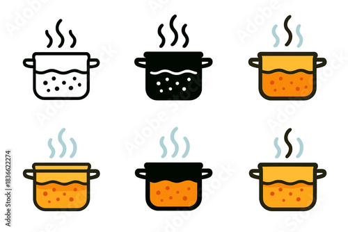 Simmering Soup Pot Styles. Pot icon with simmering soup and vapor rising in curves, first in line style with thin outline, second