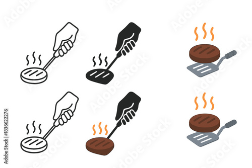 Burger Flipping Artistry. Hand holding spatula flipping a juicy burger with heat waves, first in line style with thin outline,