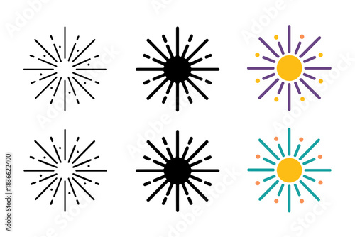 Circular Spark Evolution. Circular spark pattern expanding from bright core first in line style with thin outline, second in solid