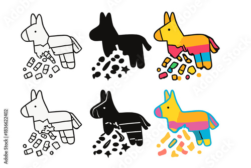 Colorful Pinata Explosion. Broken pinata spilling candy and stars first in line style with thin outline, second in solid style