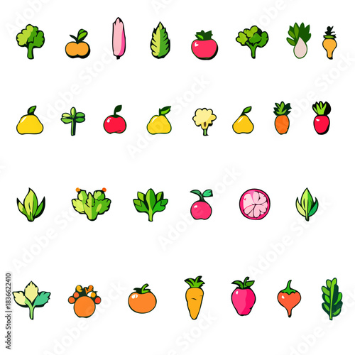 Vegetables icons set in doodle style. Vector illustration
