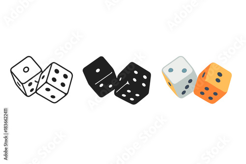 Diverse Dice Designs. Pair of dice tumbling midair showing random numbers first in line style with thin outline, second in solid