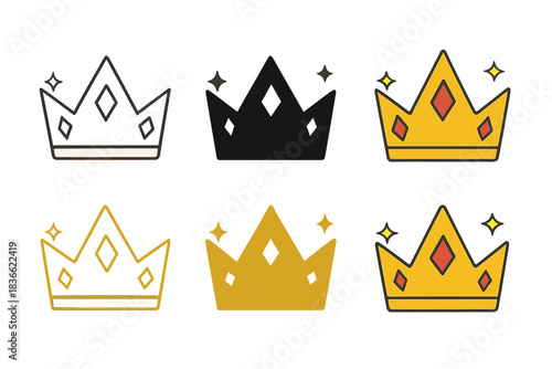 Crown Styles Showcase. Golden crown with pointed jewels and sparkles first in line style with thin outline, second in solid style