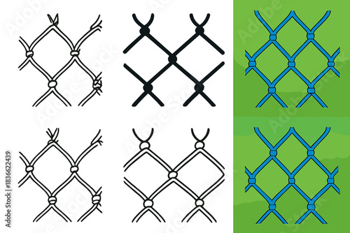 Soccer Net Art. Close-up of soccer net threads forming diamond pattern first in line style with thin outline, second in solid