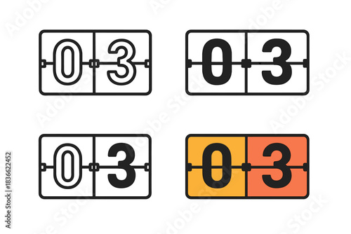 Digital Scoreboard Styles. Digital scoreboard showing changing numbers first in line style with thin outline, second in solid
