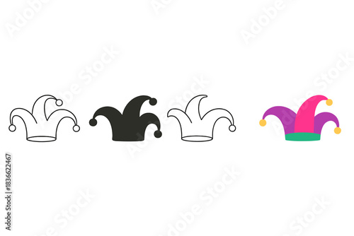 Colorful Jester Hats. Three-pointed jester hat curved upward with bells first in line style with thin outline, second in solid
