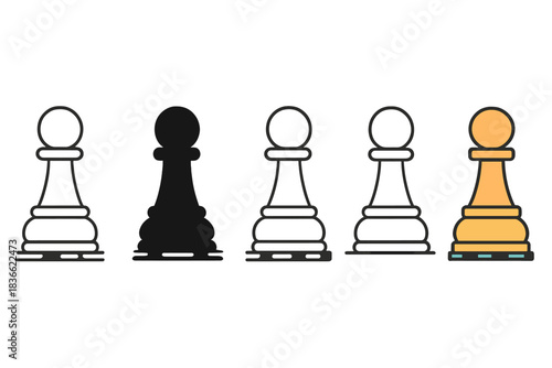 Colorful Chess Pawn Evolution. Single chess pawn standing at board center first in line style with thin outline, second in solid