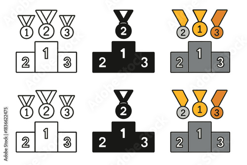 Tiered Podium Medals. Three-tier podium with gold silver bronze medals first in line style with thin outline, second in solid