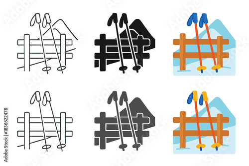 Stylized Ski Poles. Ski poles resting against wooden fence near slope first in line style with thin outline, second in solid style