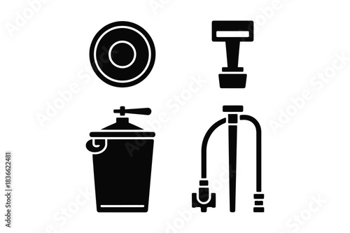 Set of four black and white icons representing cleaning tools
