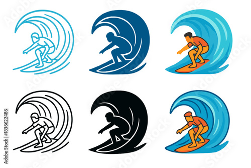 Surfers in Barrels. Surfer crouched low inside glowing blue barrel first in line style with thin outline, second in solid style