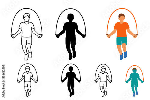 Jump Rope Artistry. Jump rope forming arc above athlete mid jump first in line style with thin outline, second in solid style