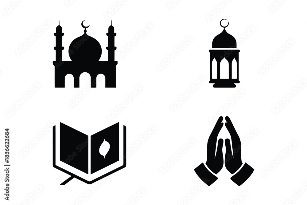 Obraz premium Islamic symbols collection mosque lantern quran prayer hands icons