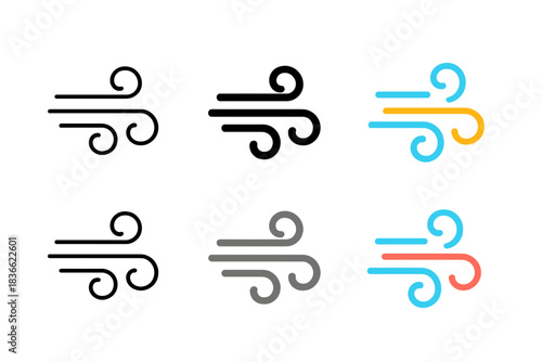 Airflow Art Evolution. Airflow Streamline first in line style with thin outline, second in solid style filled shape, third in flat