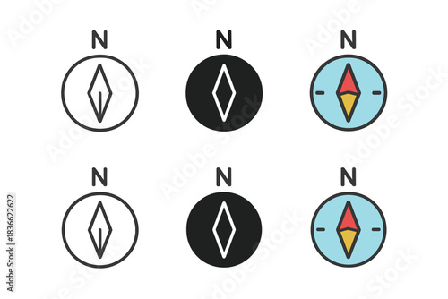 Compass Styles Showcase. Compass Direction North first in line style with thin outline, second in solid style filled shape, third