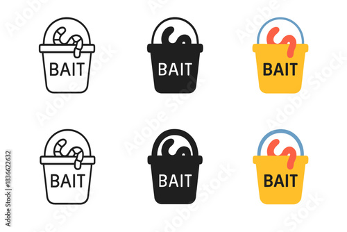 Bait Bucket Styles. Bait Worm Bucket first in line style with thin outline, second in solid style filled shape, third in flat