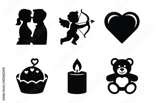 Valentine s day symbols collection silhouette icons