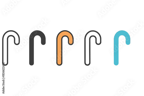 Stylized Umbrella Handles. Umbrella Handle Curve first in line style with thin outline, second in solid style filled shape, third