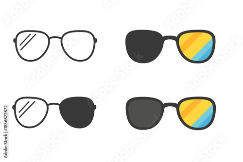 Sunglasses Lens Art. Sunglasses Lens Reflect first in line style with thin outline, second in solid style filled shape, third in