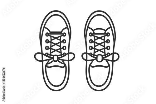Tied Walking Shoes Icon. Line style vector icons of tied walking shoes: secured lace knot, curved lace arc, aligned eyelets,