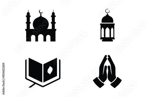 Islamic symbols collection mosque lantern quran prayer hands icons