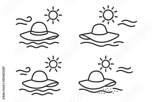 Sunny Beach Hat Icons. Line style vector icons of sunny shore hats: extended brim form, smooth crown rise, shoreline flow line,