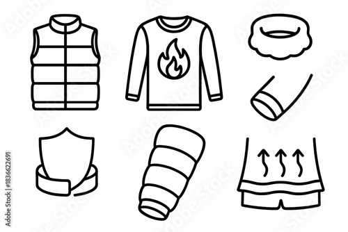 Warm Garment Icons. Line style vector icons of warm protective garments: insulated torso wrap, thermal chest barrier, cozy collar