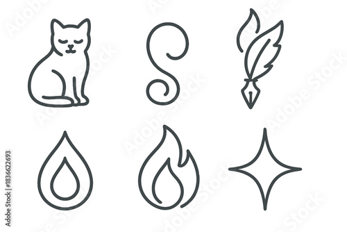 Cat Quill Icons. Line style vector icons of catlike pen ember: relaxed cat outline, coiled tail loop, classic quill form, ink