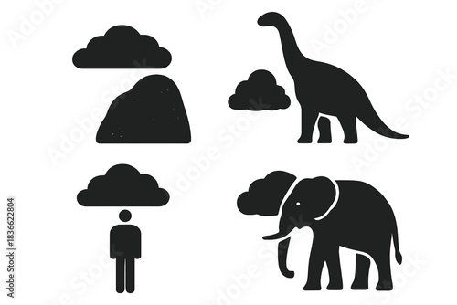 Floating Sky Icons. Icons for: a floating sky mass near a speckled giant, a soft vapor mound by a towering beast, an airy cushion