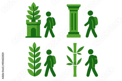 Nature's Harmonious Icons. Icons for: a leafy tower beside a tranquil roamer, a green column near a serene wanderer, a tall plant