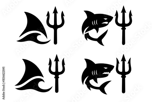 Shark Trident Icons. Icons for: Shark Fin Trident, a sharp dorsal arc beside a three-pronged spear, a swift marine form near a