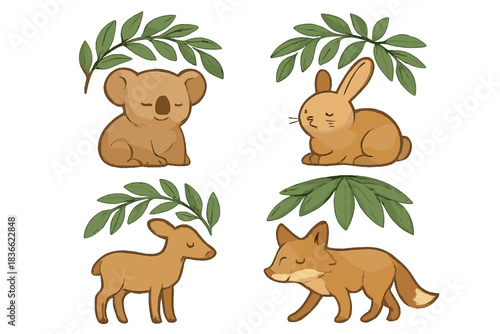 Aromatic Herbal Canopy. Icons for: an eucalyptus crown shading a mellow mammal, a herbal canopy resting above a soft creature, a